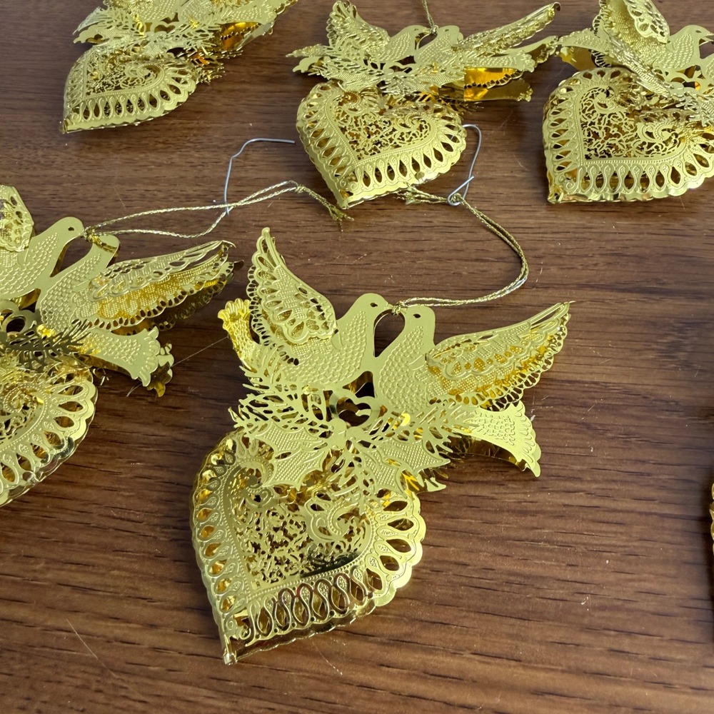Set of 8 Gold Filigree Metal Dove Heart Christmas Ornaments 3D Love Birds
